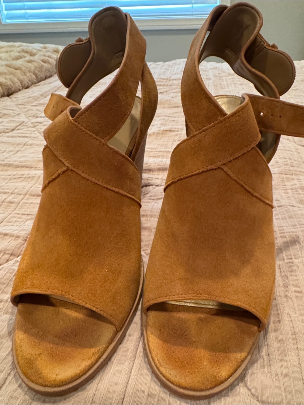 Marc Fisher Tan Suede Peep-Toe Wedge Sandals